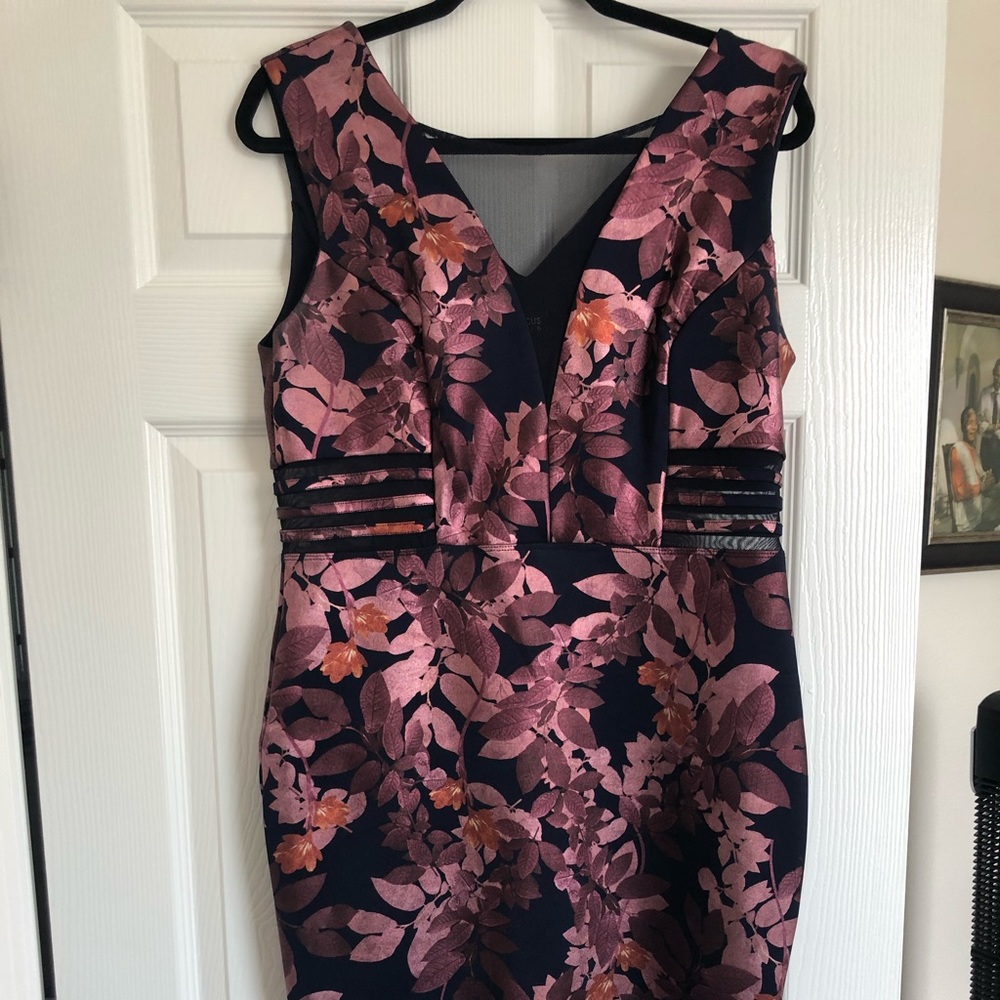Navy blue and pink flowers sleeveless sheath dress